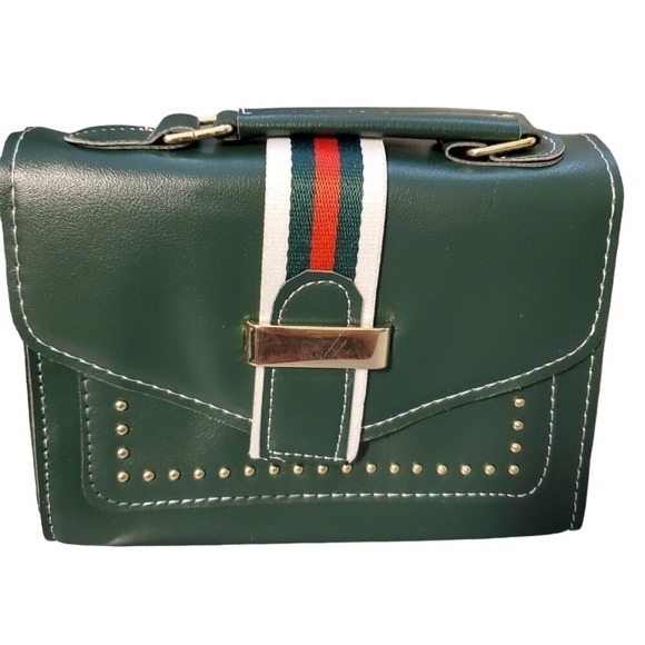 Satchel Crossbody Bag Striped Accent Studded Flap Small Purse - Picture 11 of 13